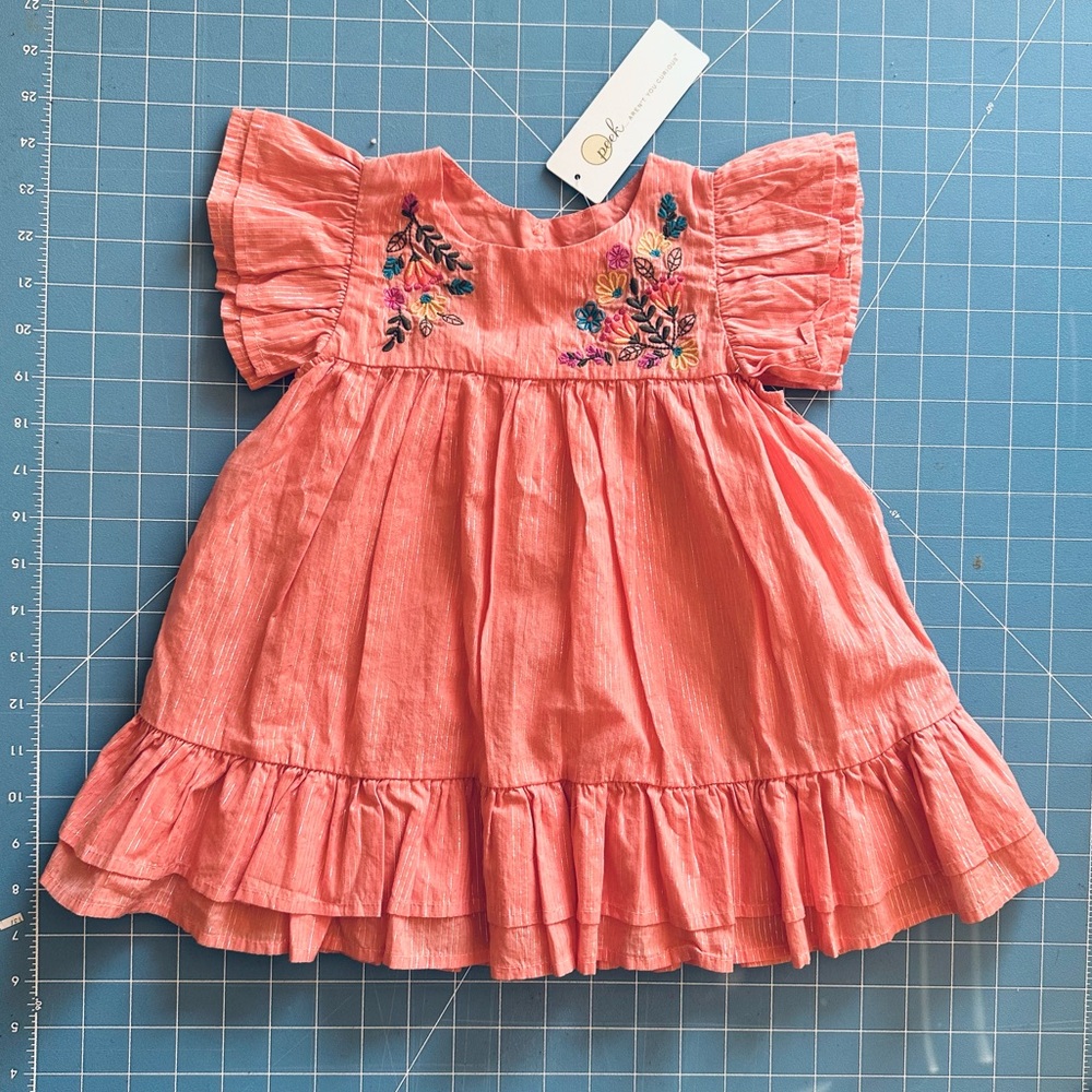 NWT Baby Girl Sz 12-18m Peek Peach Embroidered Gold/Silver Tinsel Stripe Dress